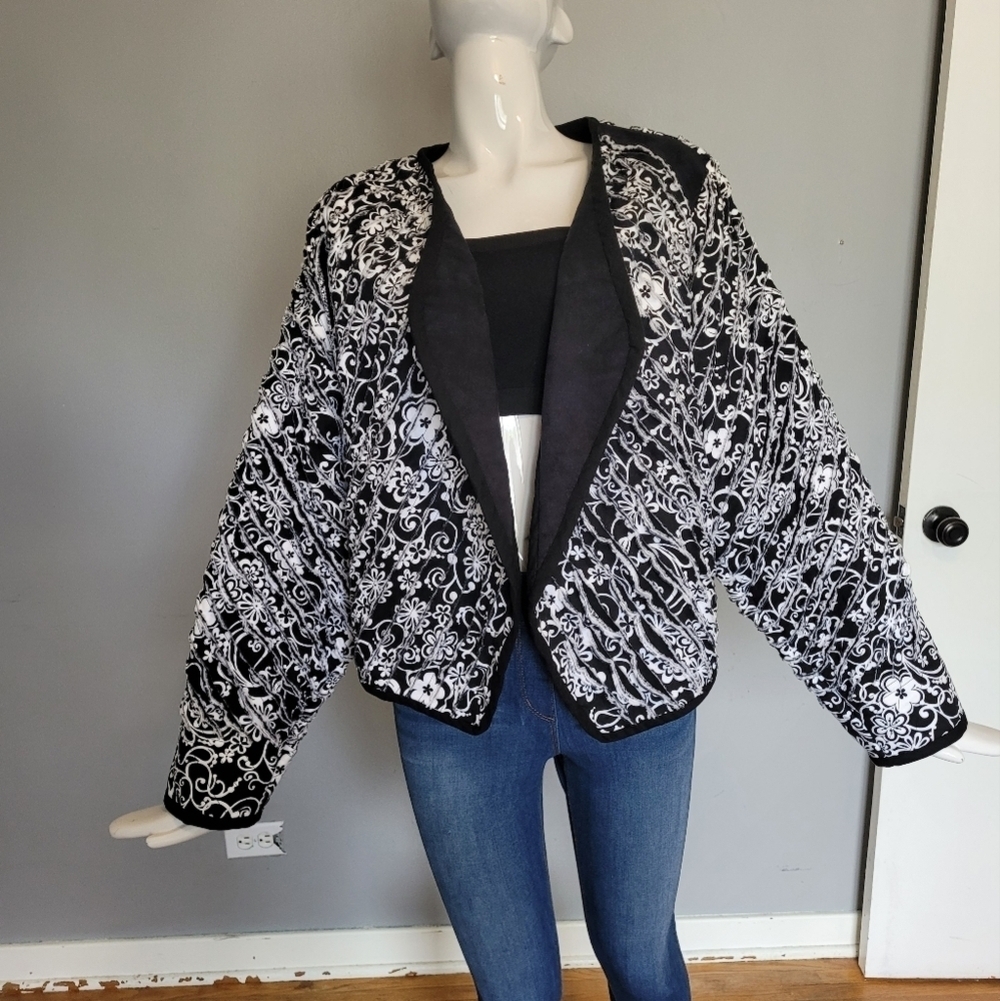 Handmade Quilted Style Blazer in Black & White Floral, VGUC, Approximate Size L
